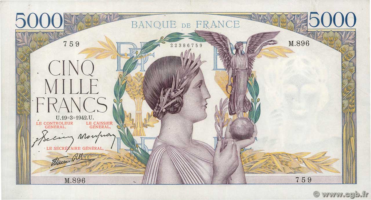 5000 Francs VICTOIRE Impression à plat FRANCE  1942 F.46.35 TTB