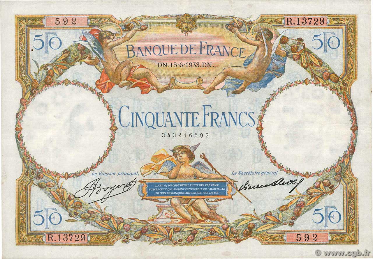 50 Francs LUC OLIVIER MERSON type modifié FRANCE  1933 F.16.04 pr.TTB