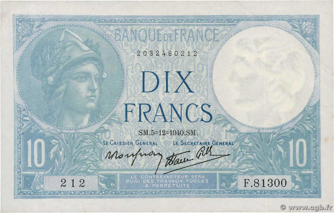 10 Francs MINERVE modifié FRANCE  1940 F.07.23 TTB+