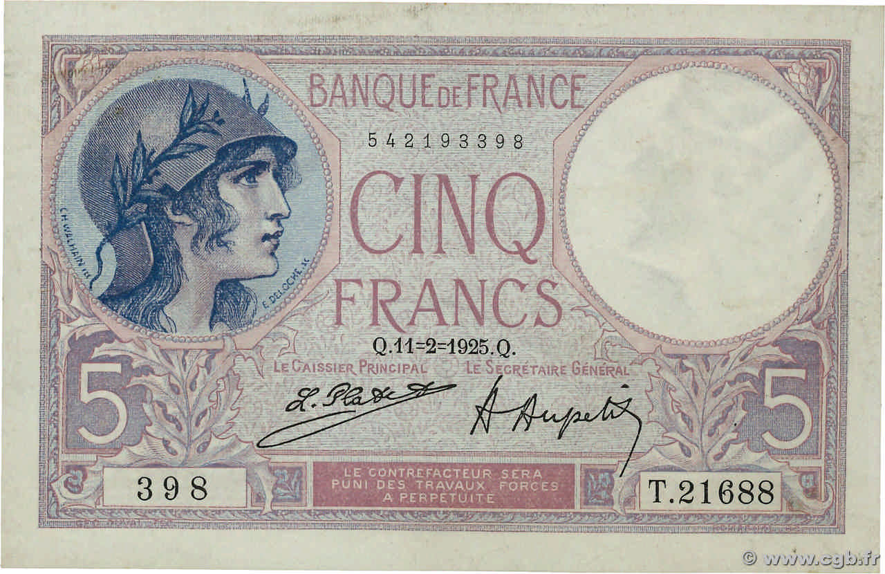 5 Francs FEMME CASQUÉE FRANCE  1925 F.03.09 TTB