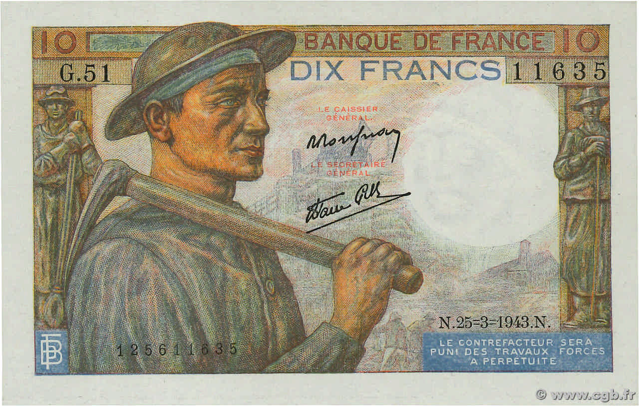 10 Francs MINEUR FRANCE  1943 F.08.08 UNC-