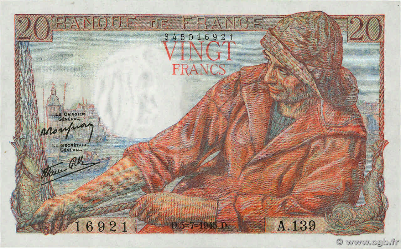20 Francs PÊCHEUR FRANCIA  1945 F.13.10 AU+