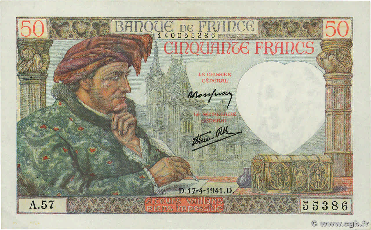 50 Francs JACQUES CŒUR FRANCE  1941 F.19.08 XF-