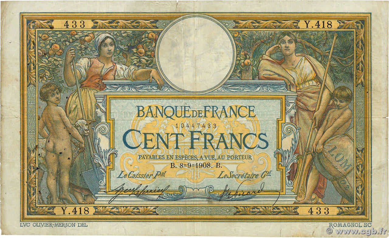 100 Francs LUC OLIVIER MERSON avec LOM FRANCE  1908 F.22.01 B