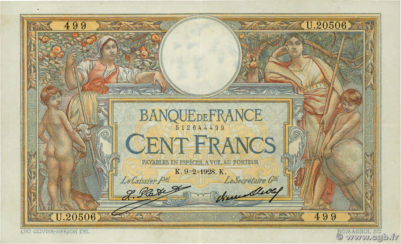 100 Francs LUC OLIVIER MERSON grands cartouches FRANCE  1928 F.24.07 XF-