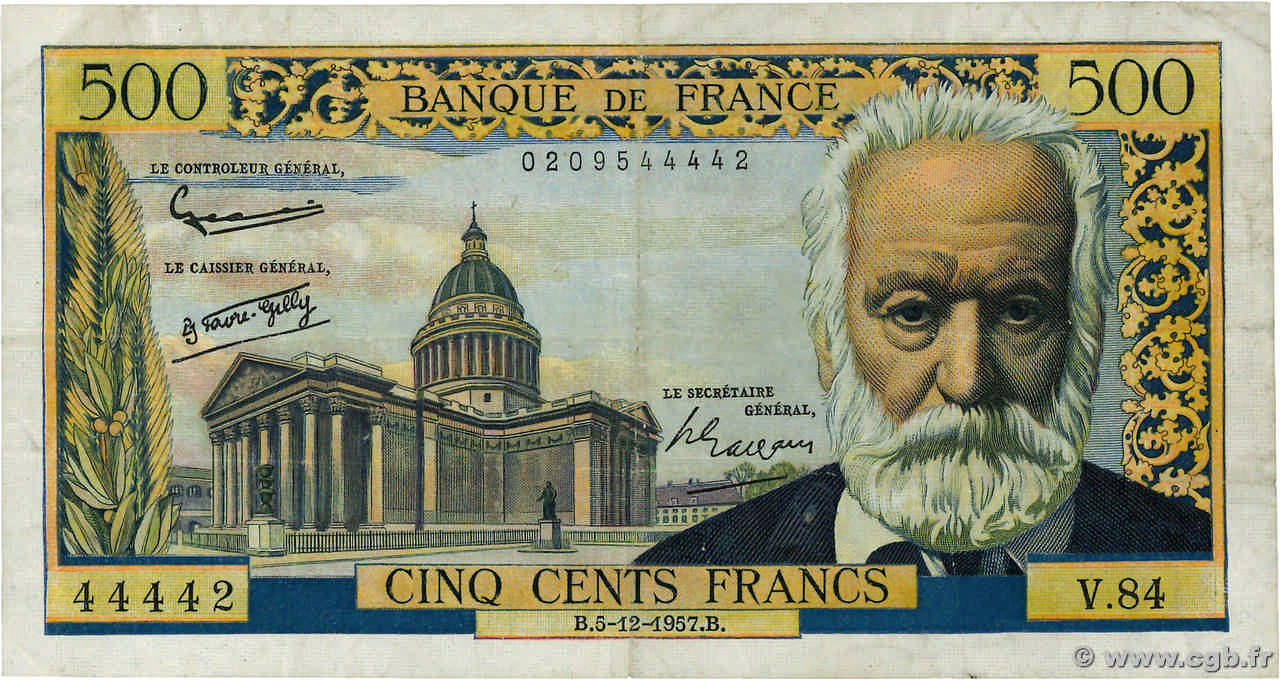 500 Francs VICTOR HUGO FRANCE  1957 F.35.07 TB