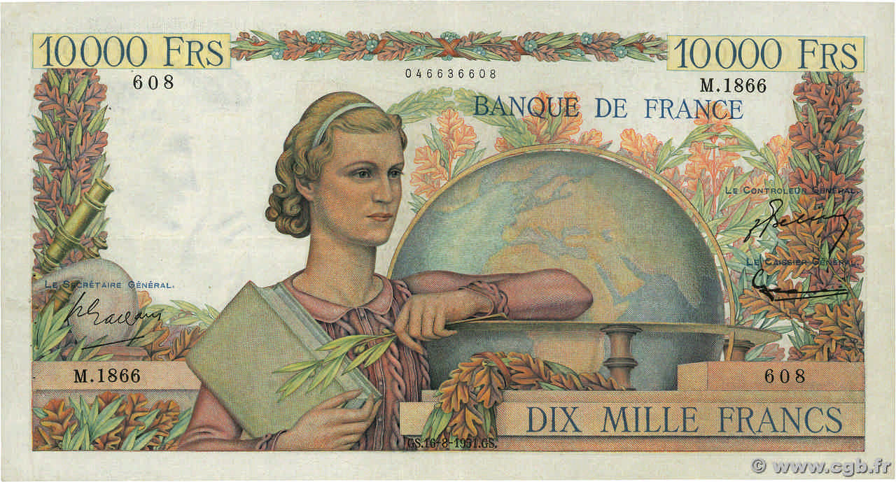 10000 Francs GÉNIE FRANÇAIS FRANCE  1951 F.50.53 pr.TTB