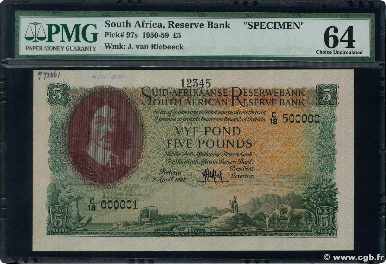 5 Pounds Spécimen SUDAFRICA  1952 P.097as q.FDC