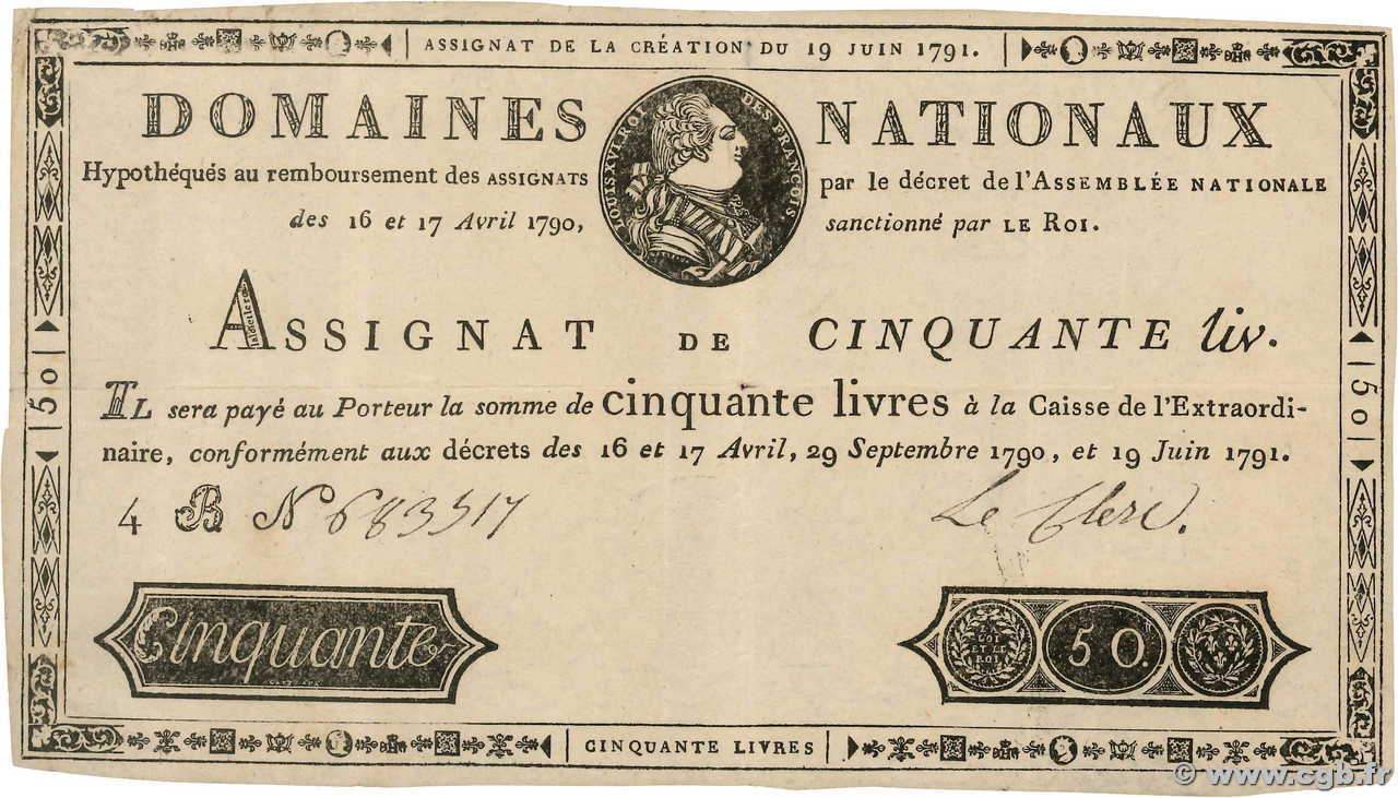 50 Livres Faux FRANCE  1791 Ass.13x VF