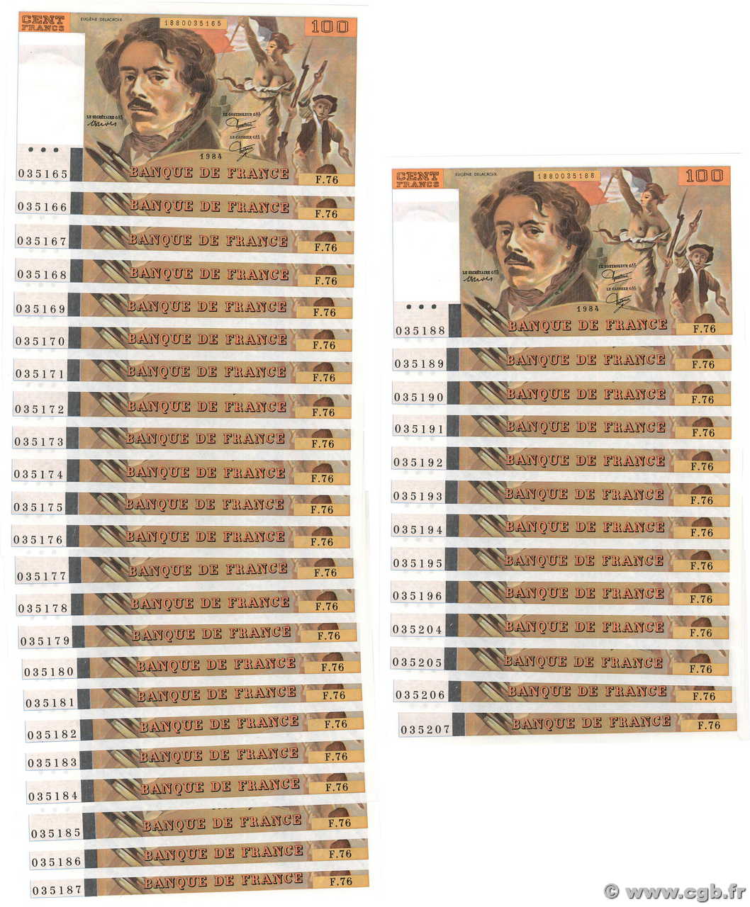 100 Francs DELACROIX modifié Consécutifs FRANCE  1984 F.69.08a UNC-