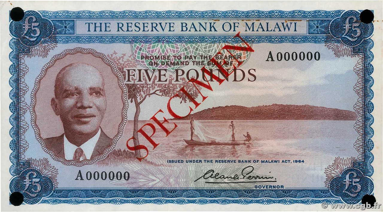 5 Pounds Spécimen MALAWI  1964 P.04s SPL