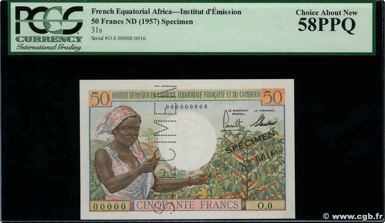 50 Francs Spécimen AFRIQUE ÉQUATORIALE FRANÇAISE  1957 P.31s SC