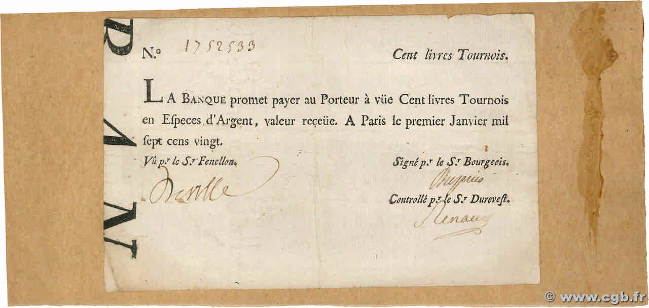100 Livres Tournois typographié FRANCE  1720 Dor.26 TTB