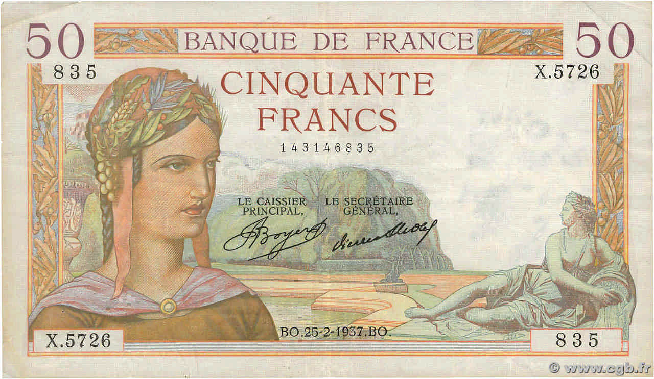 50 Francs CÉRÈS FRANCIA  1937 F.17.35 q.BB