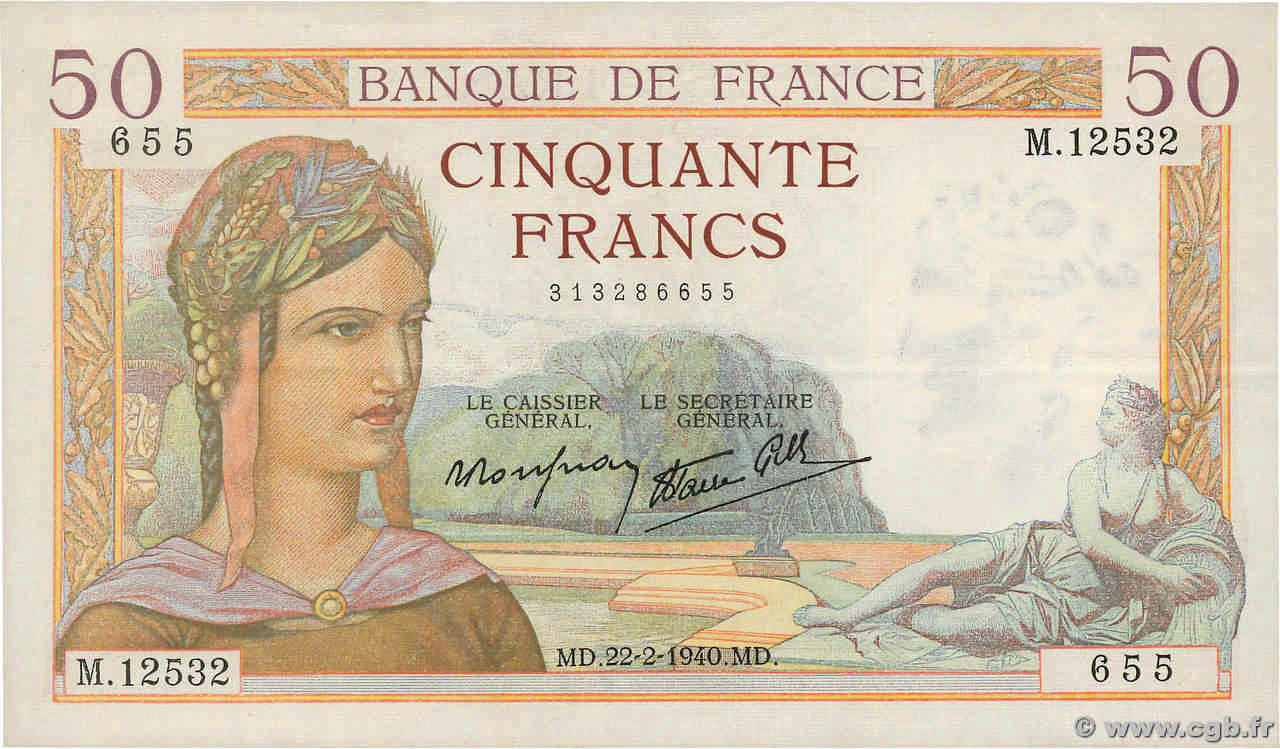 50 Francs CÉRÈS modifié FRANCE  1940 F.18.39 XF+