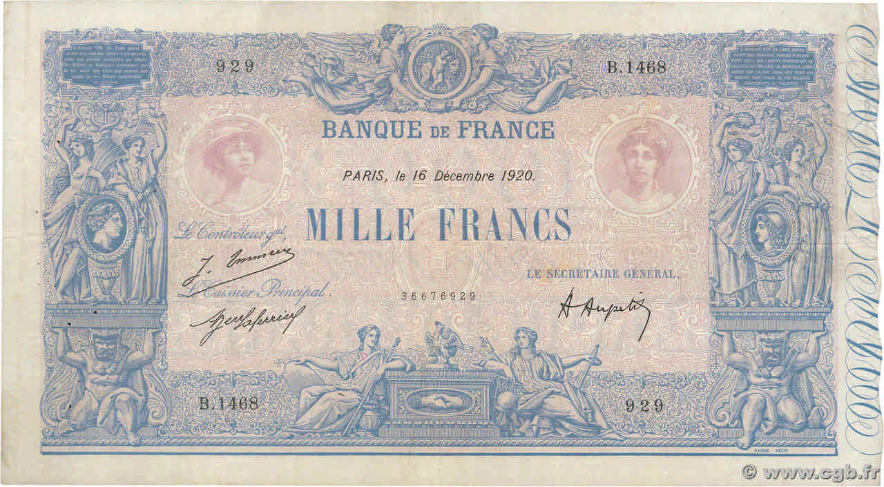 1000 Francs BLEU ET ROSE FRANCE  1920 F.36.36 TB+