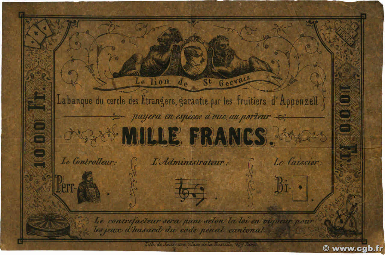1000 Francs SUISSE  1859  TB