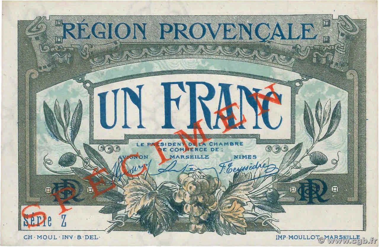 1 Franc Spécimen FRANCE Regionalismus und verschiedenen Alais, Arles, Avignon, Gap, Marseille, Nîmes, Toulon 1918 JP.102.06 fST