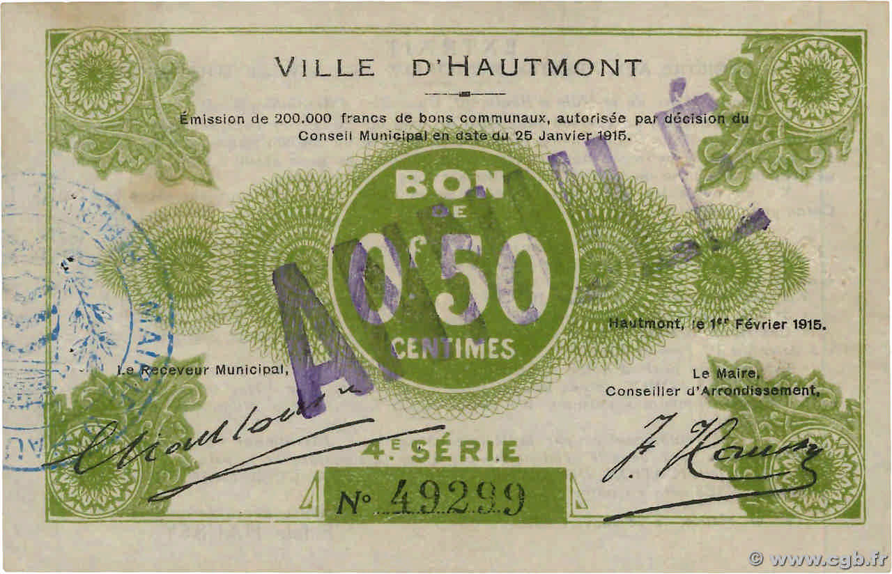 50 Centimes Annulé FRANCE Regionalismus und verschiedenen Hautmont 1915 JP.59-1296(var) SS