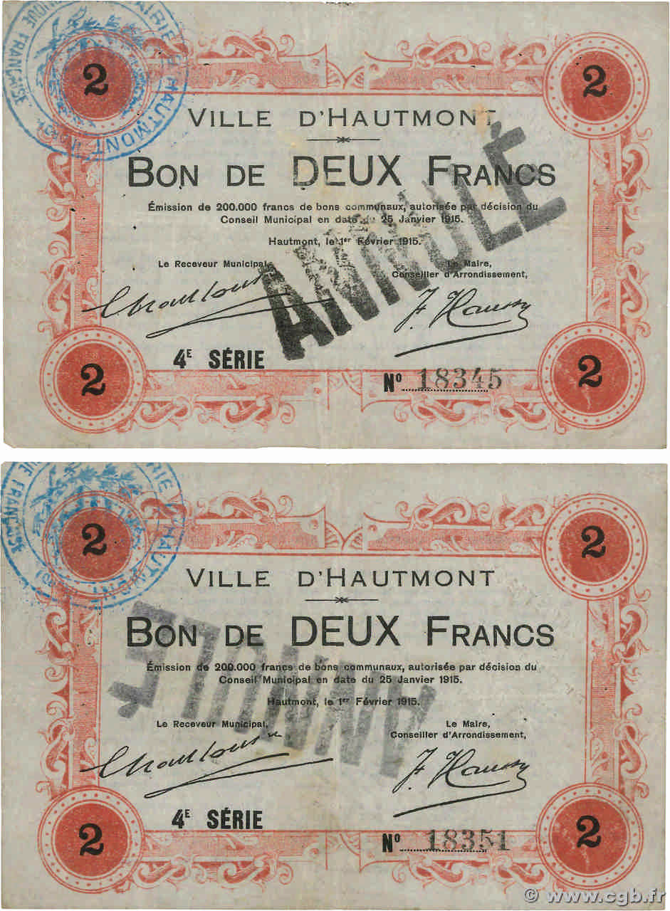 2 Francs Annulé FRANCE regionalismo y varios Hautmont 1915 JP.59-1300 BC+