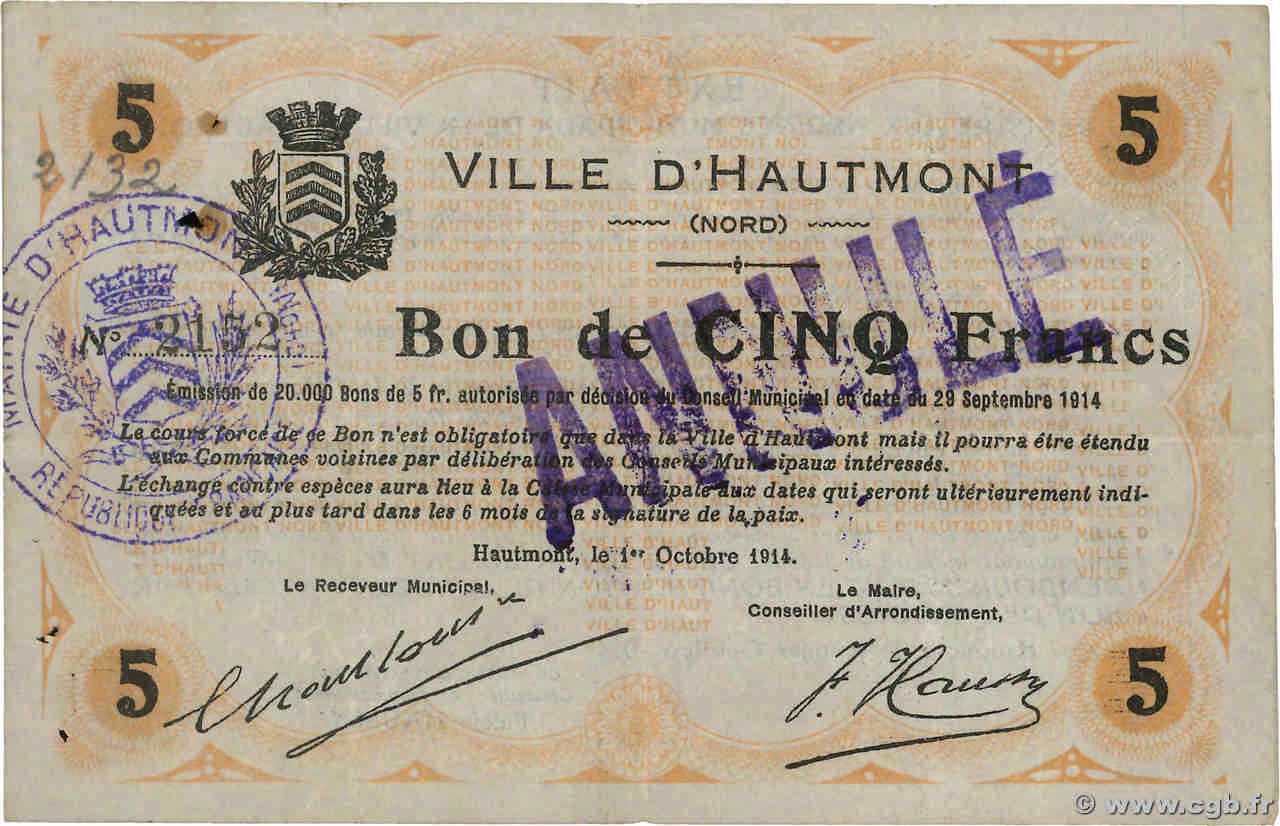 5 Francs Annulé FRANCE regionalismo y varios Hautmont 1914 JP.59-1291 BC+