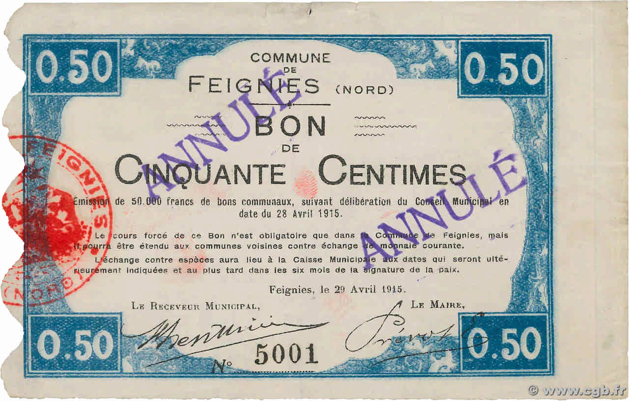 50 Centimes Annulé FRANCE regionalismo y varios Feignies 1914 JP.59-0934 MBC
