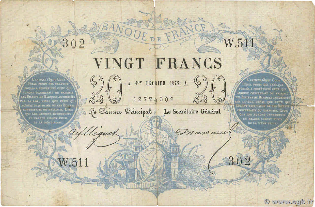 20 Francs type 1871 FRANCIA  1872 F.A46.03 B
