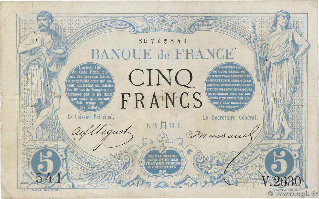 5 Francs NOIR FRANCIA  1873 F.01.18 q.MB