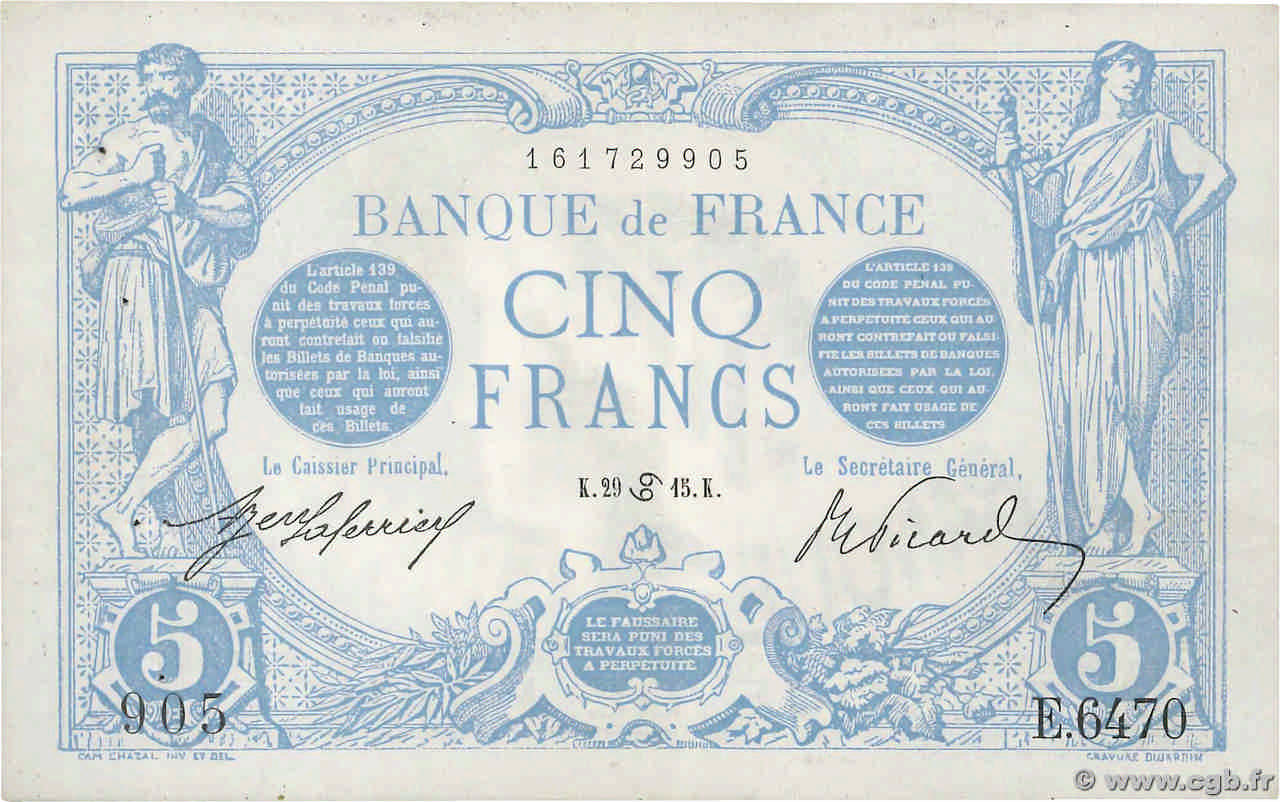 5 Francs BLEU FRANKREICH  1915 F.02.28 VZ