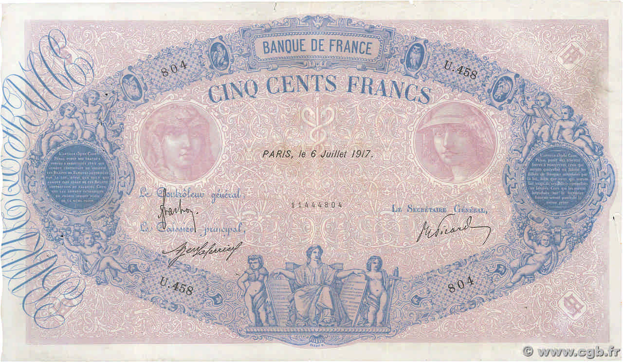 500 Francs BLEU ET ROSE FRANKREICH  1917 F.30.23 S