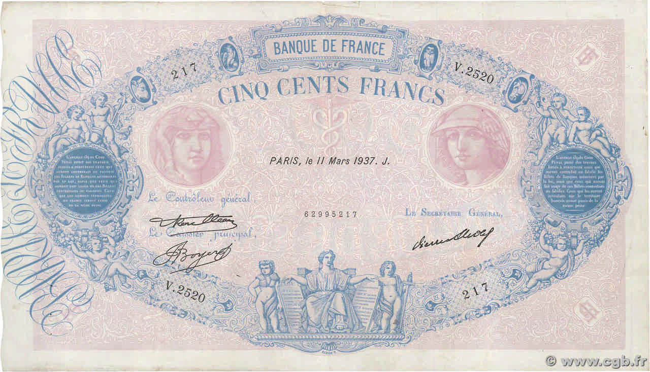 500 Francs BLEU ET ROSE FRANCE  1937 F.30.38 pr.TTB