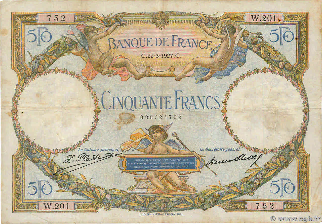 50 Francs LUC OLIVIER MERSON FRANCIA  1927 F.15.01 RC+