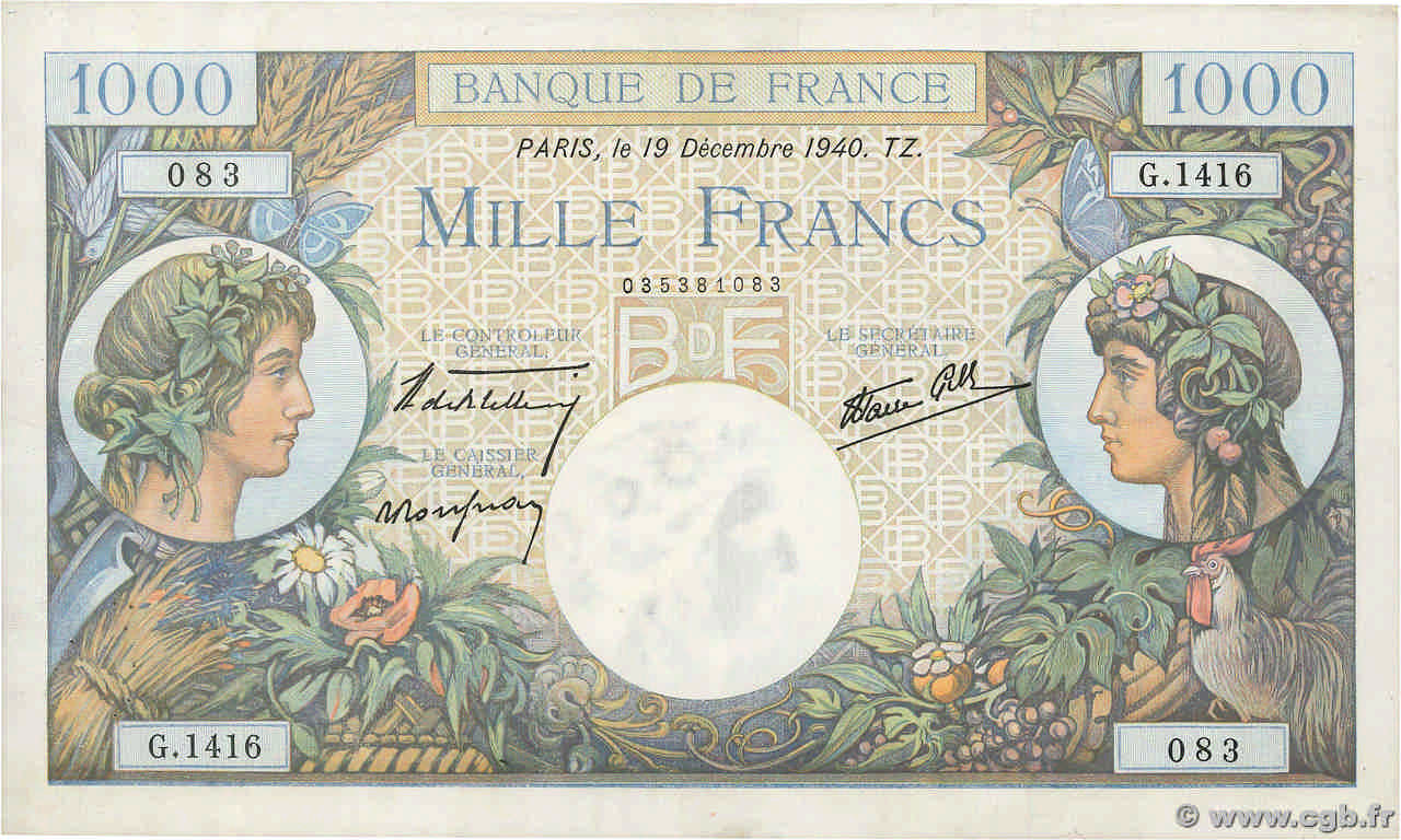 1000 Francs COMMERCE ET INDUSTRIE FRANCE  1940 F.39.03 VF+