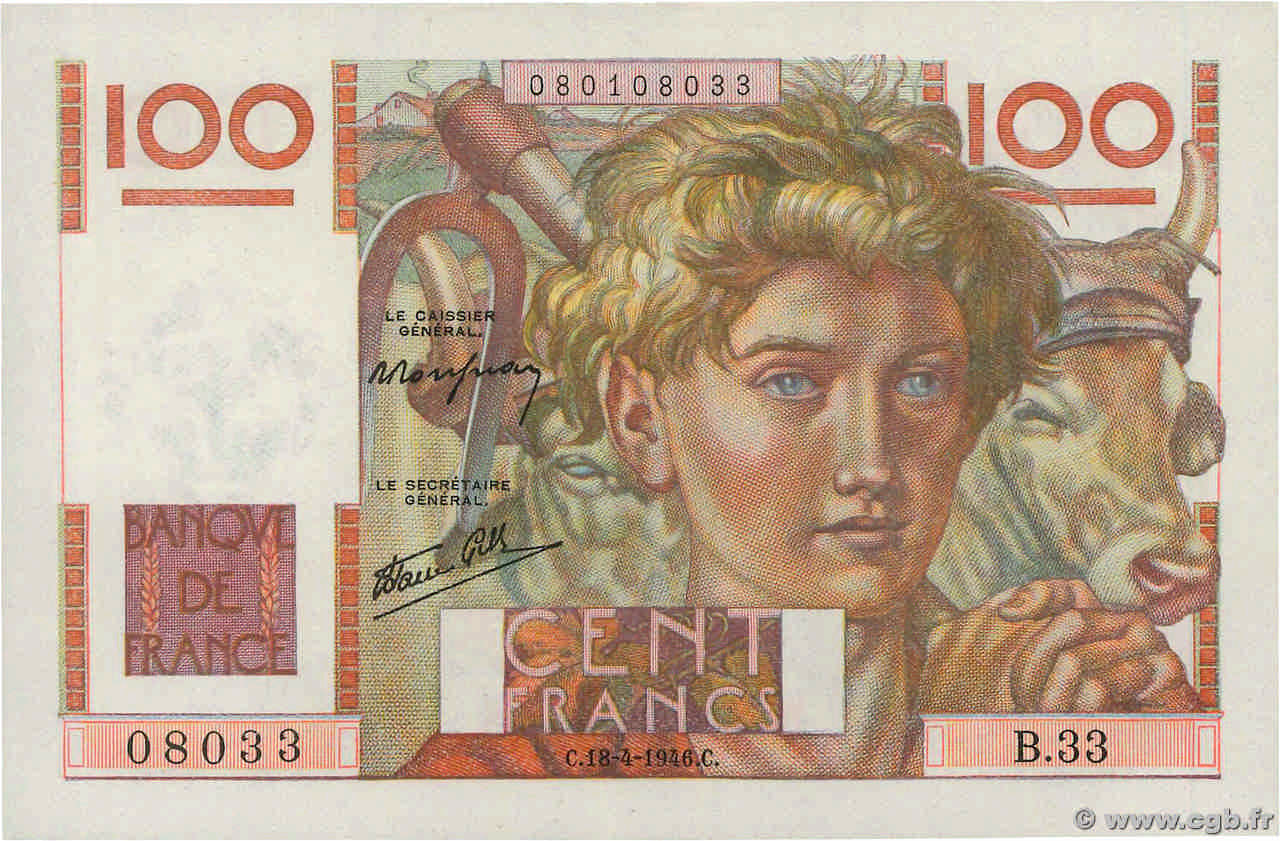 100 Francs JEUNE PAYSAN FRANKREICH  1946 F.28.03 fST+