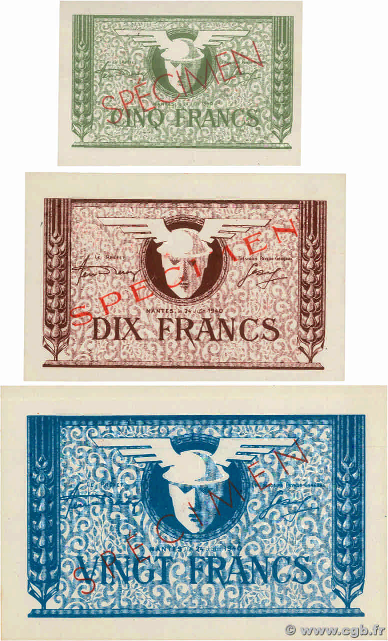 5, 10 et 20 Francs Spécimen FRANCE régionalisme et divers Nantes 1940 K.081s au K.083s SPL+