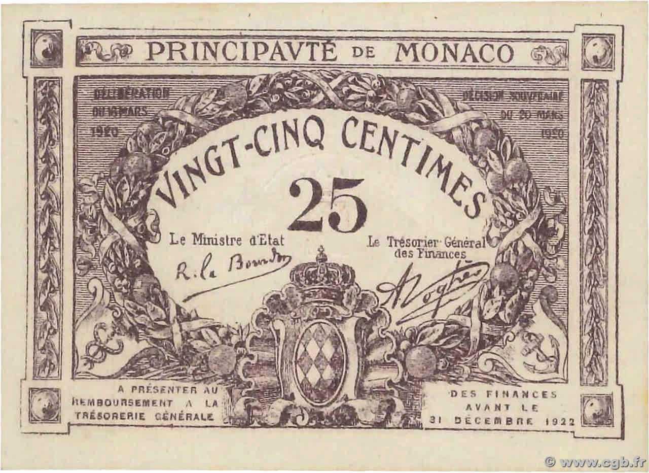 25 Centimes MONACO  1920 P.02b fST+