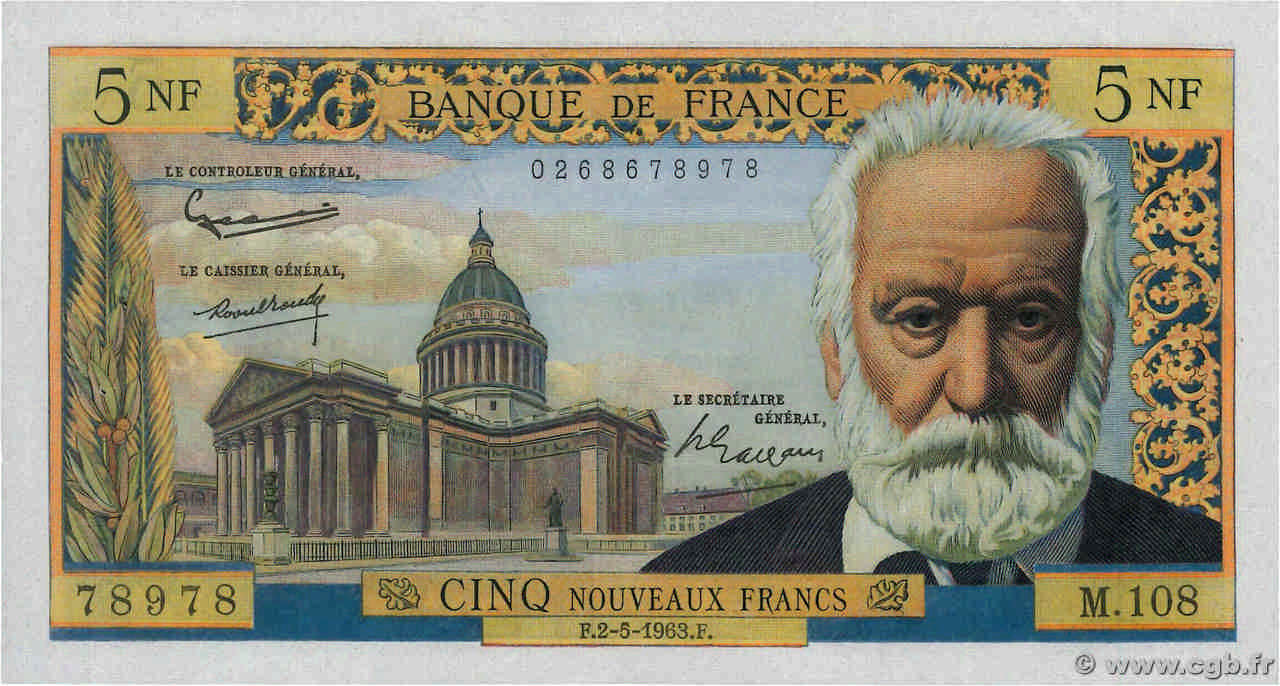 5 Nouveaux Francs VICTOR HUGO Numéro spécial FRANKREICH  1963 F.56.14 VZ+