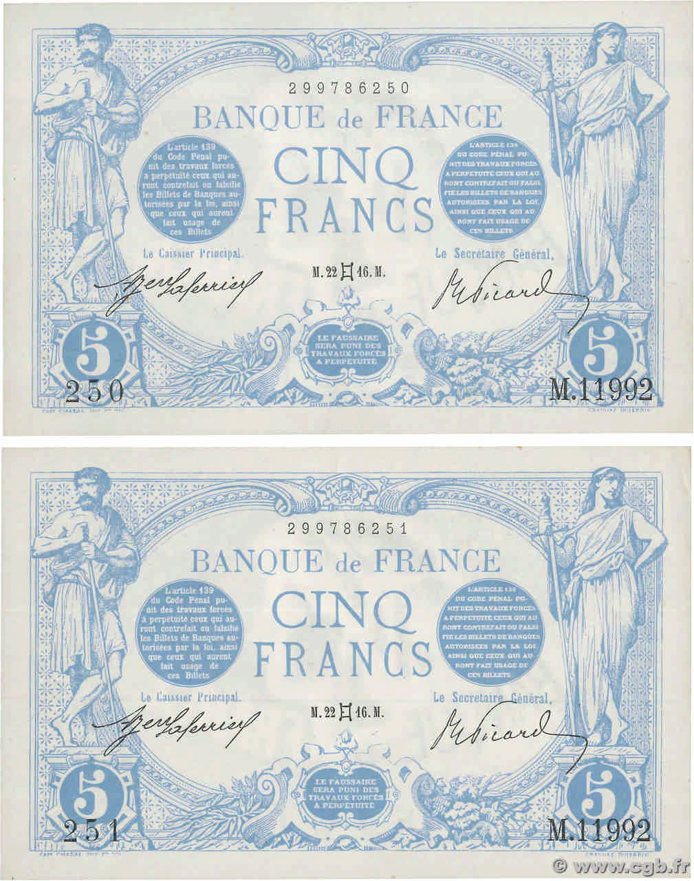 5 Francs BLEU Consécutifs FRANCE  1916 F.02.39 AU
