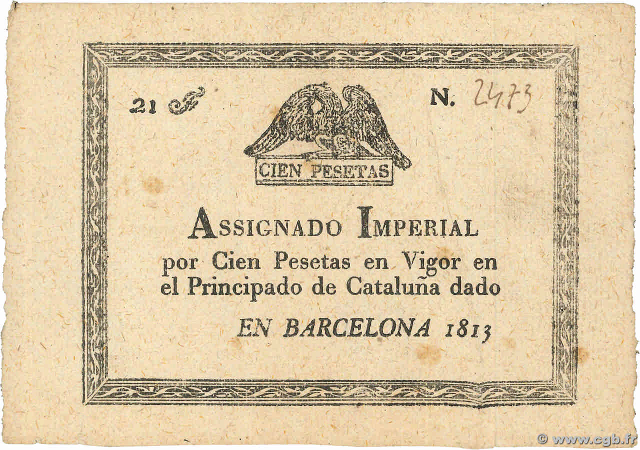 100 Pesetas SPAIN Barcelona 1813 P.- VF+