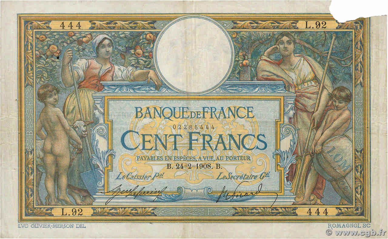 100 Francs LUC OLIVIER MERSON avec LOM FRANCIA  1908 F.22.01 MB