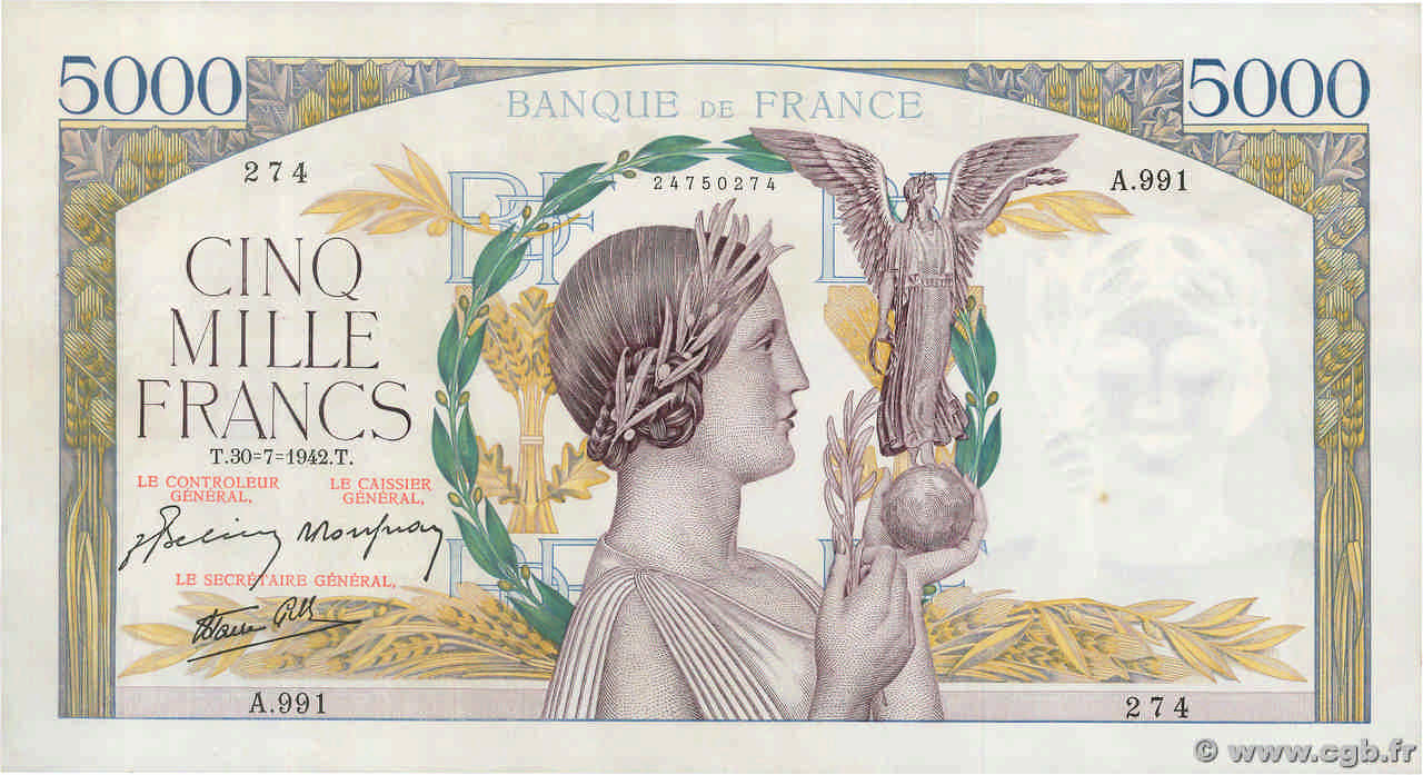5000 Francs VICTOIRE Impression à plat FRANCIA  1942 F.46.39 EBC+