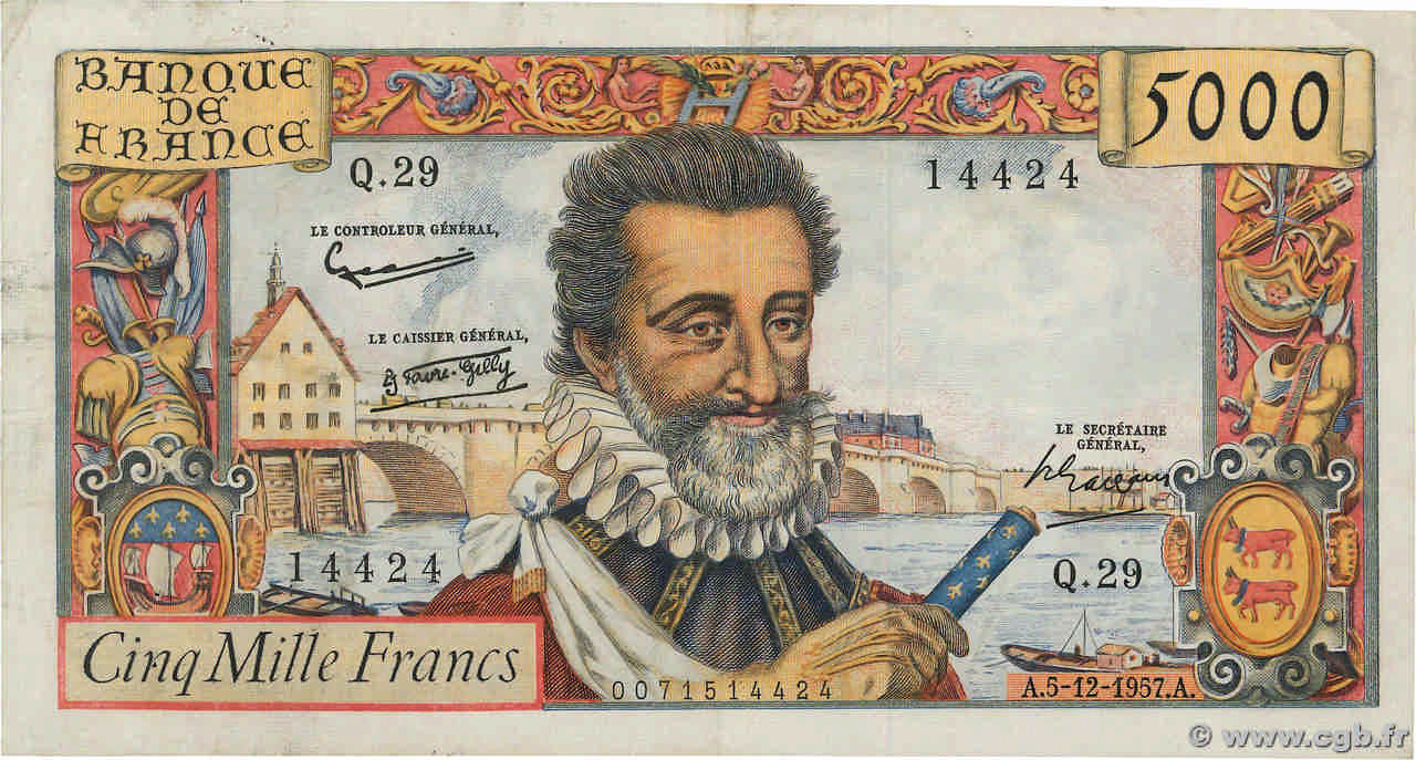 5000 Francs HENRI IV FRANCIA  1957 F.49.04 q.BB