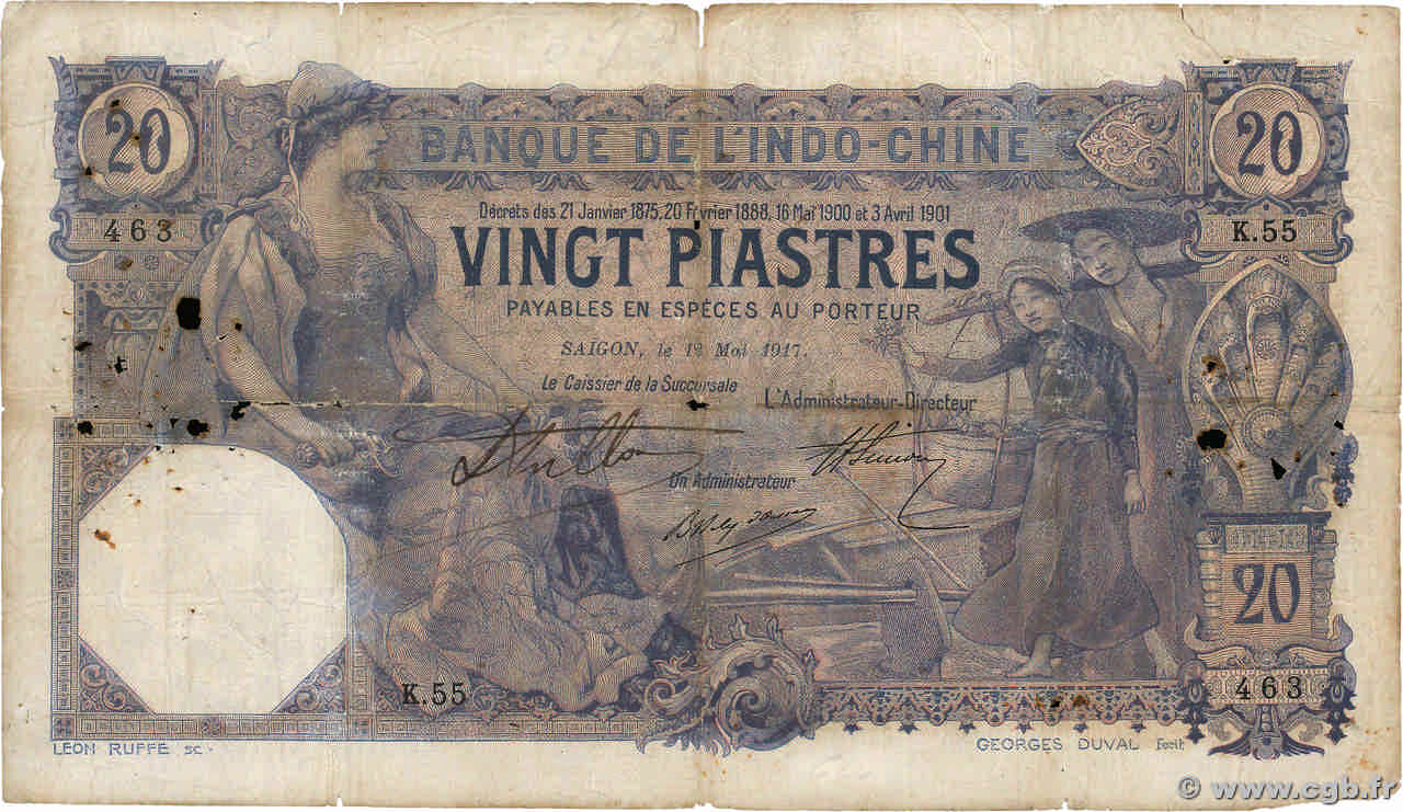 20 Piastres INDOCHINA  1917 P.038b RC+