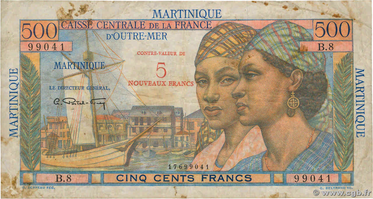 5 NF sur 500 Francs Pointe à pitre MARTINIQUE  1960 P.38 TB