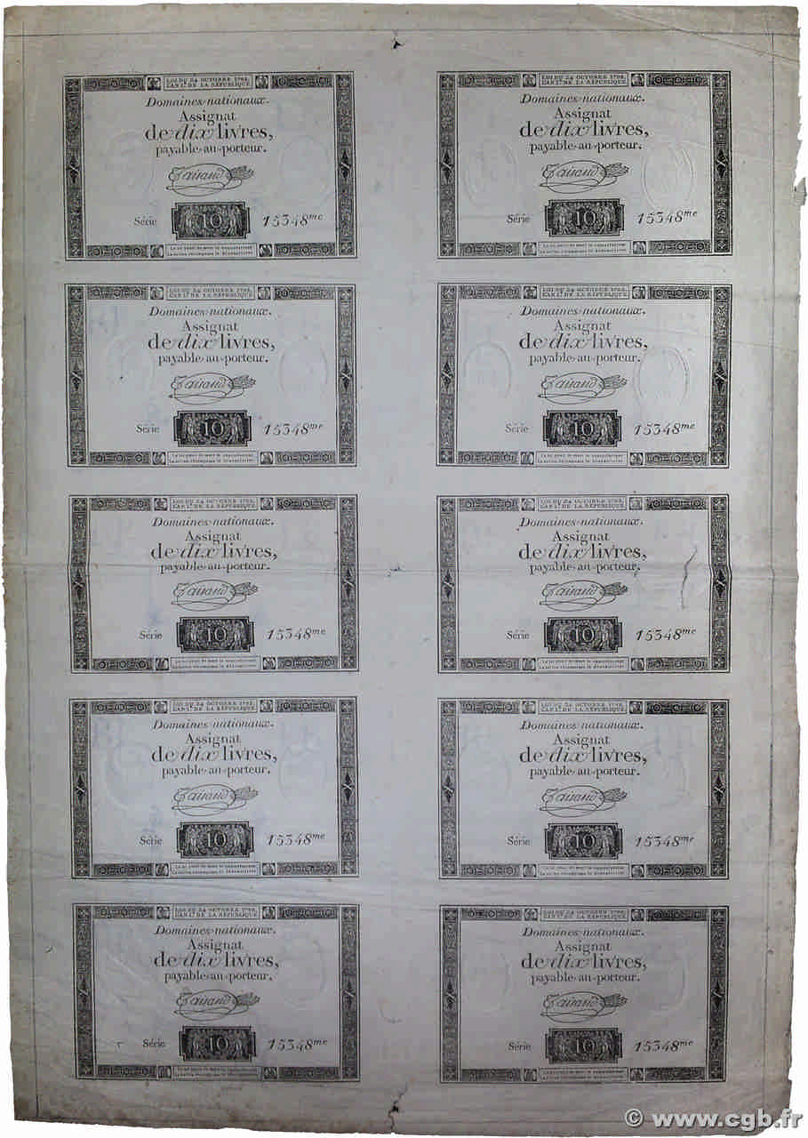 10 Livres filigrane républicain Planche FRANCIA  1792 Ass.36c q.BB