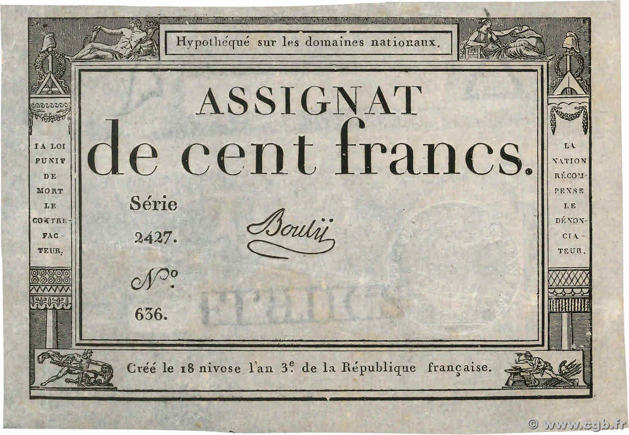 100 Francs FRANCE  1795 Ass.48a XF+