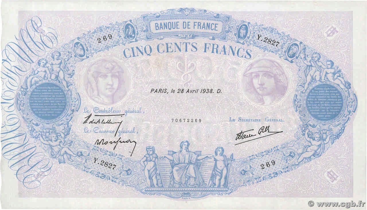 500 Francs BLEU ET ROSE modifié FRANCE  1938 F.31.09 XF