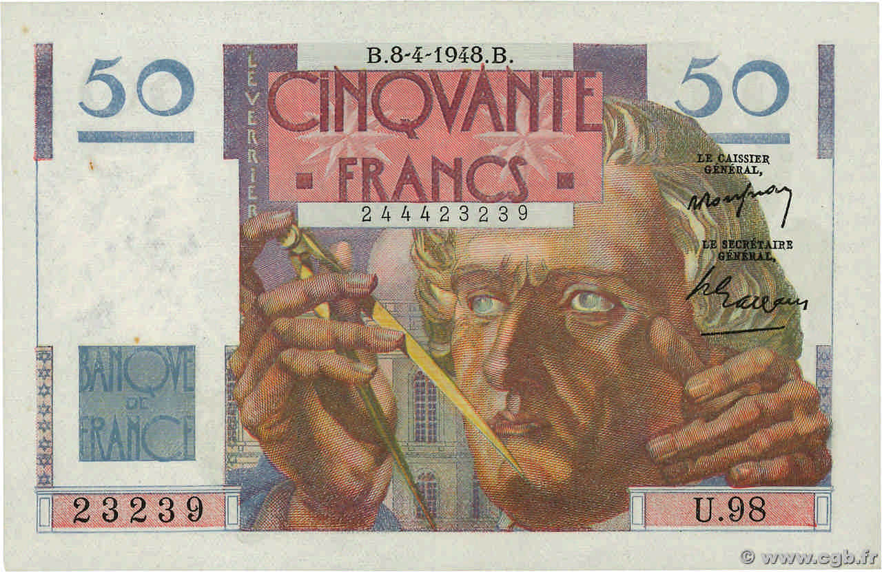 50 Francs LE VERRIER FRANCIA  1948 F.20.10 SPL+