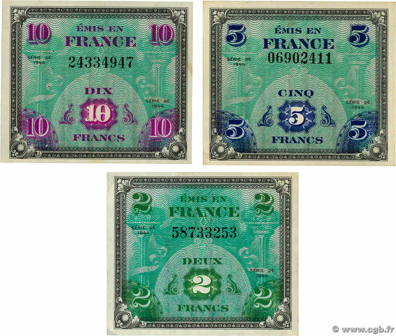 2, 5 et 10 Francs DRAPEAU Lot FRANCE  1944 VF.16.01, VF.17.01 et VF.18.01 TTB