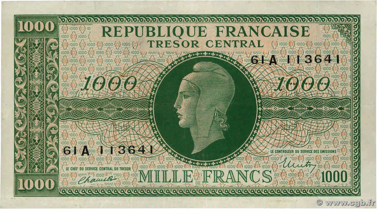 1000 Francs MARIANNE BANQUE D ANGLETERRE FRANCE  1945 VF.12.01 VF-